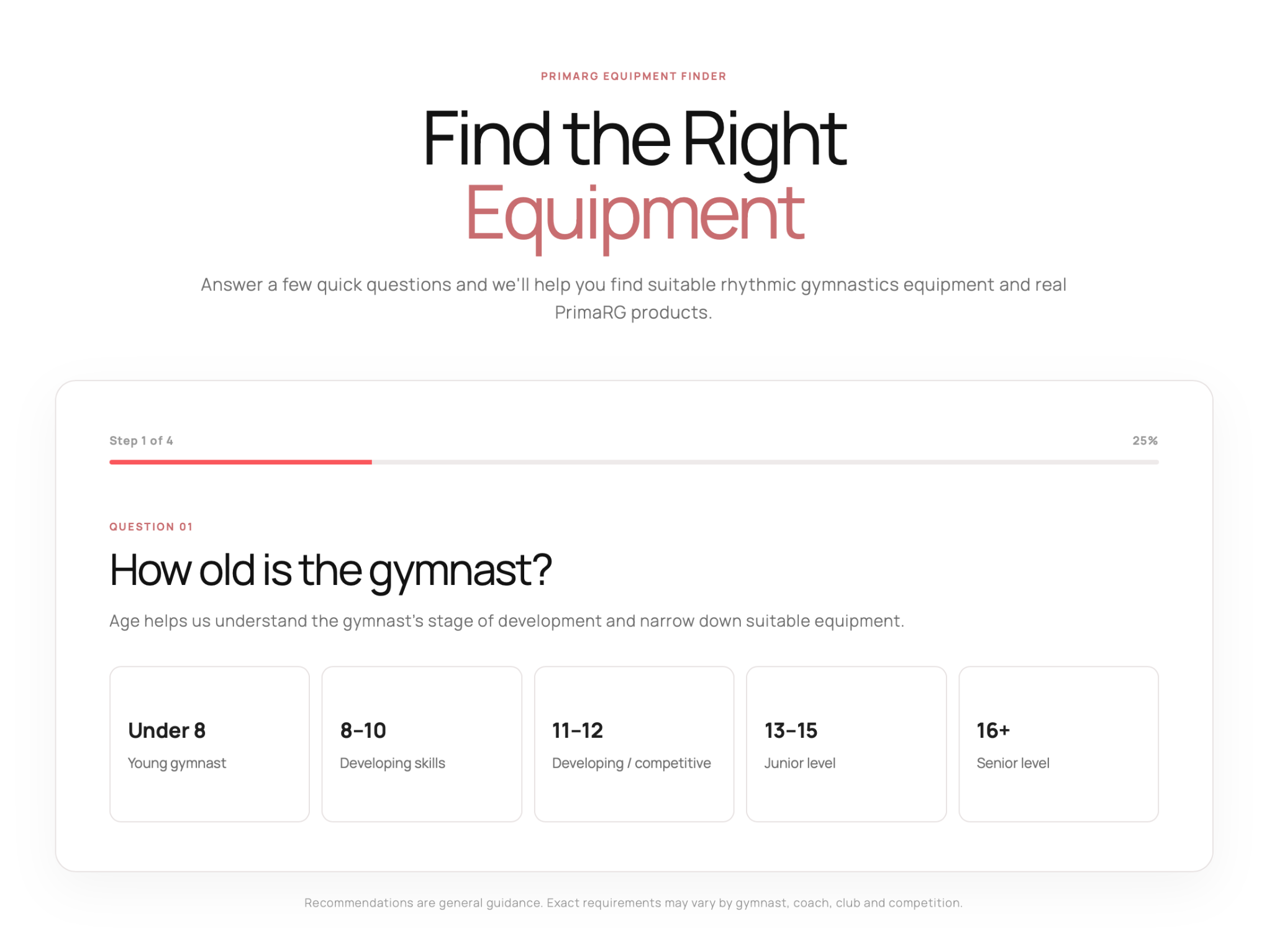 PrimaRG Equipment Finder showing the first step of a guided equipment recommendation process