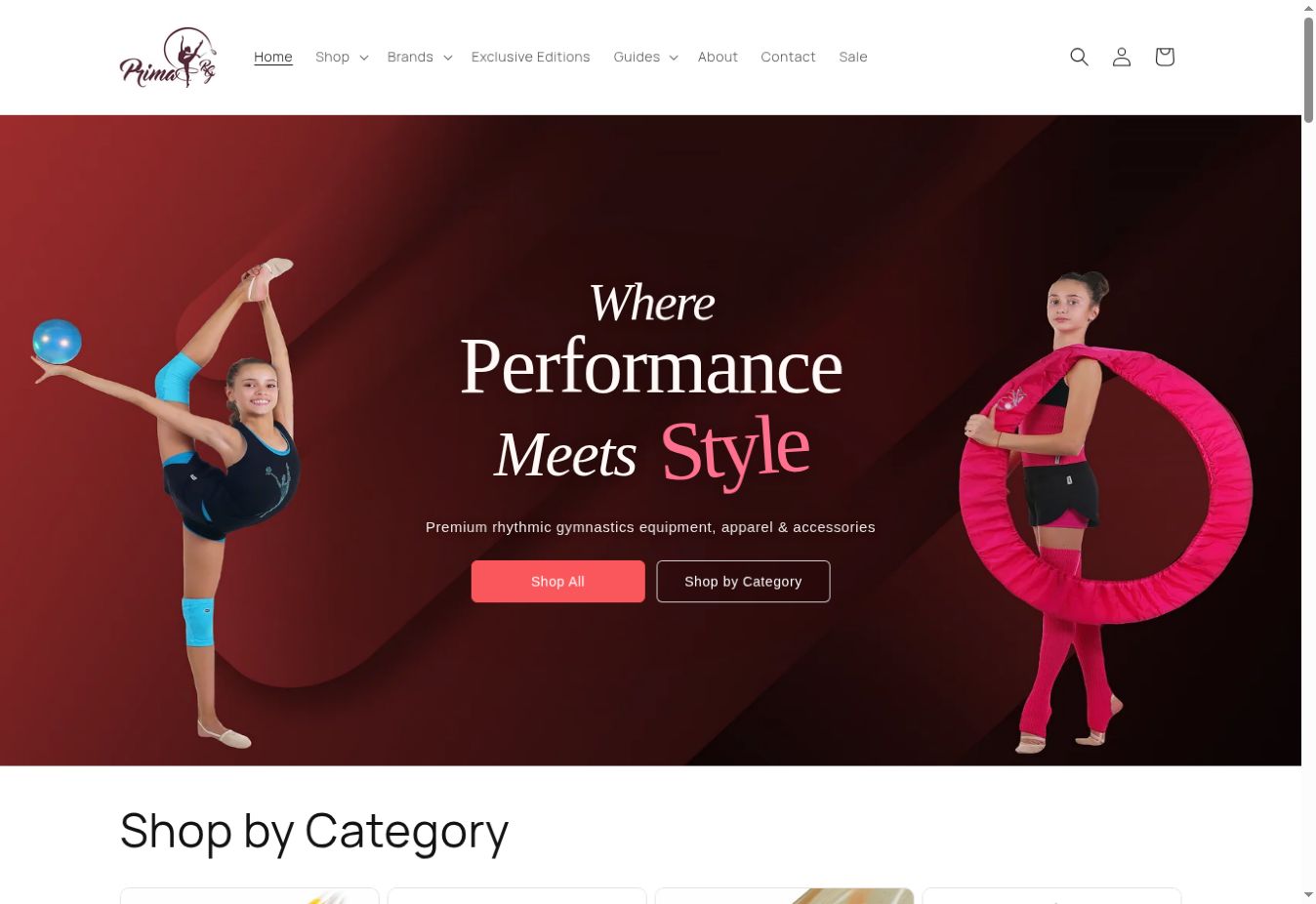 Prima RG Shopify homepage showing rhythmic gymnasts and the Where Performance Meets Style message